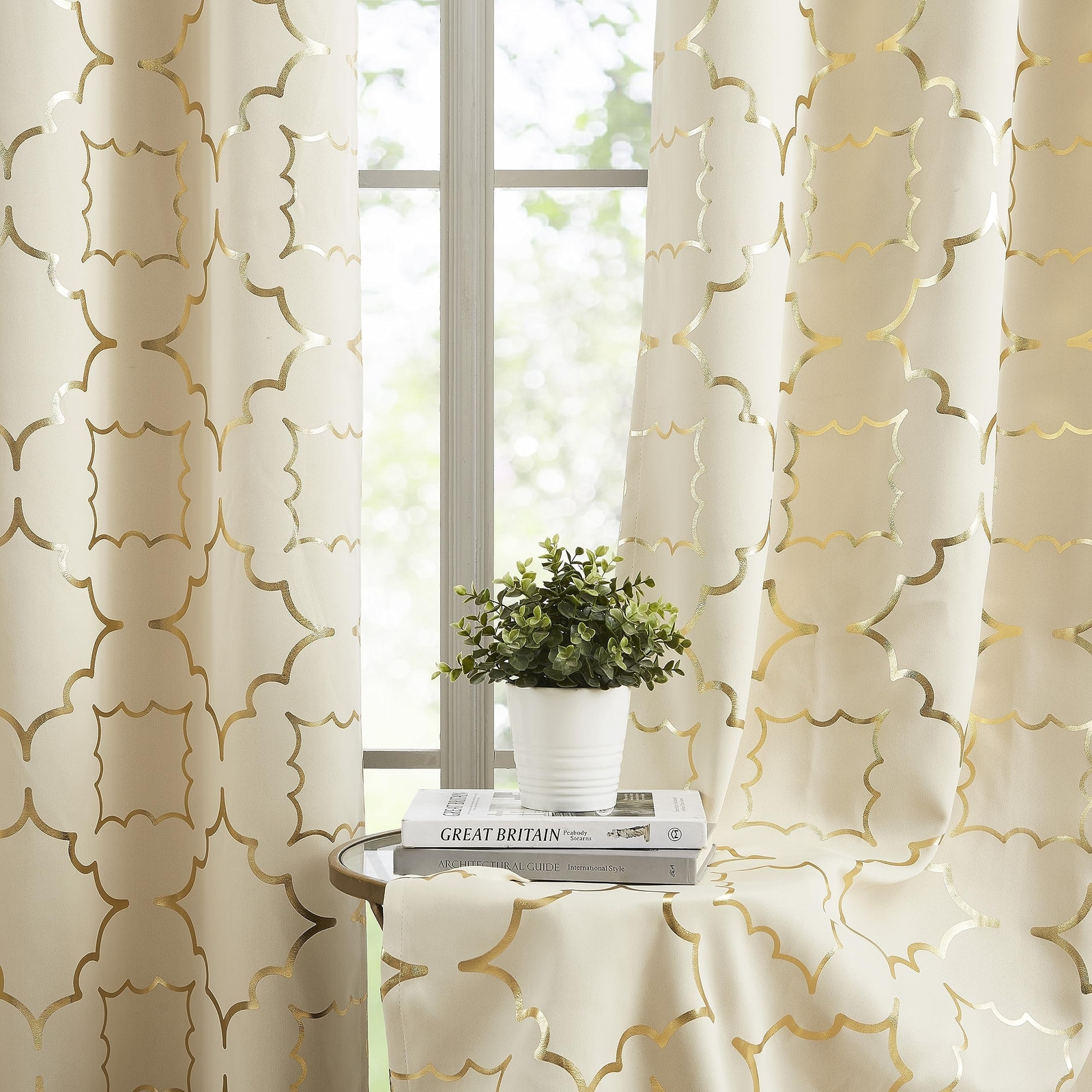 Beige Blackout Curtain Panels for Bedroom 84″ Gold Foil Moroccan Metallic Pri…
