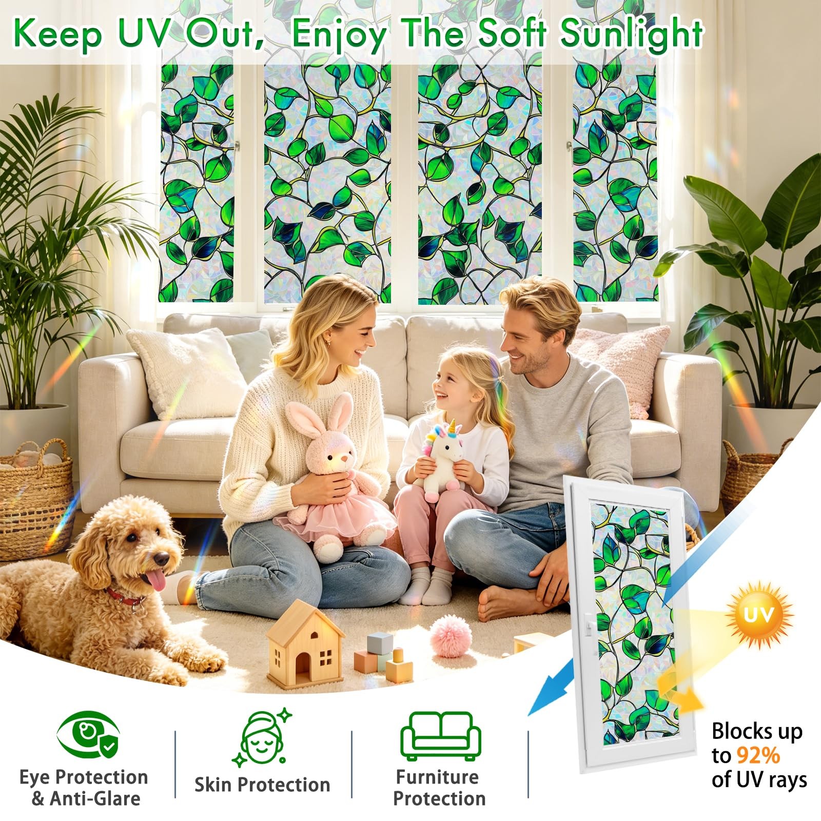 SOMWISE Rainbow Window Privacy Film,Heat Control,UV 17.5*78.5, Green&blue