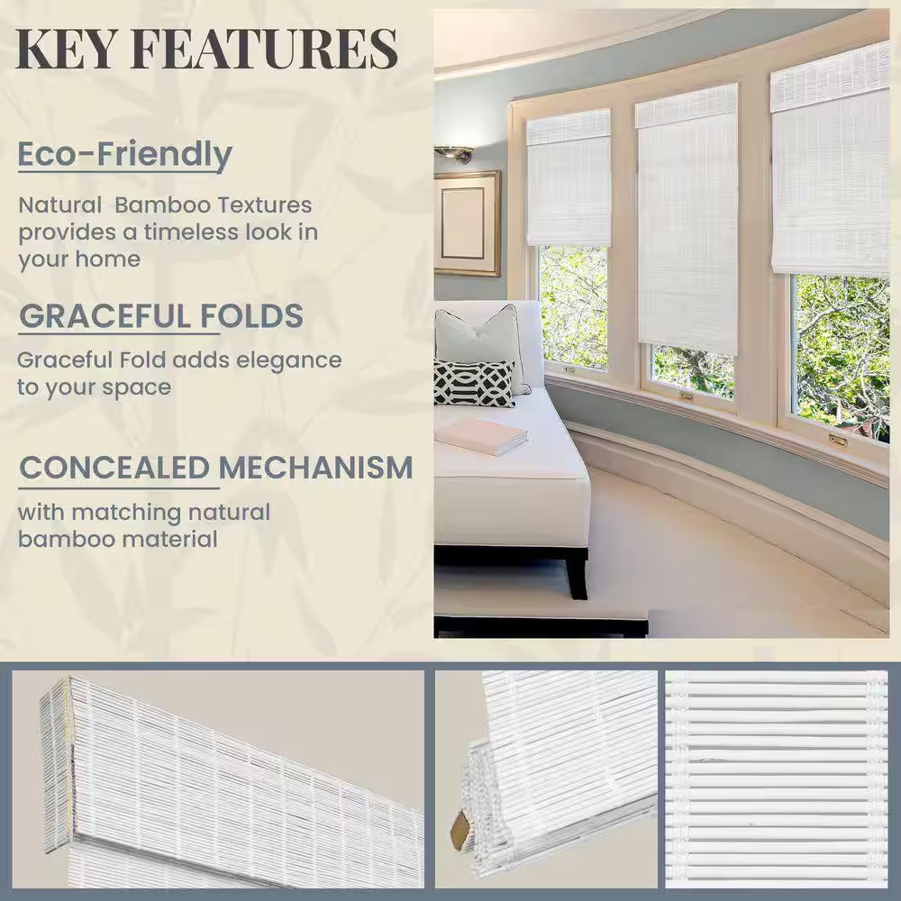 Natural Woven Light Filtering Cordless Bamboo Roman Shades for Windows, 44 In. W