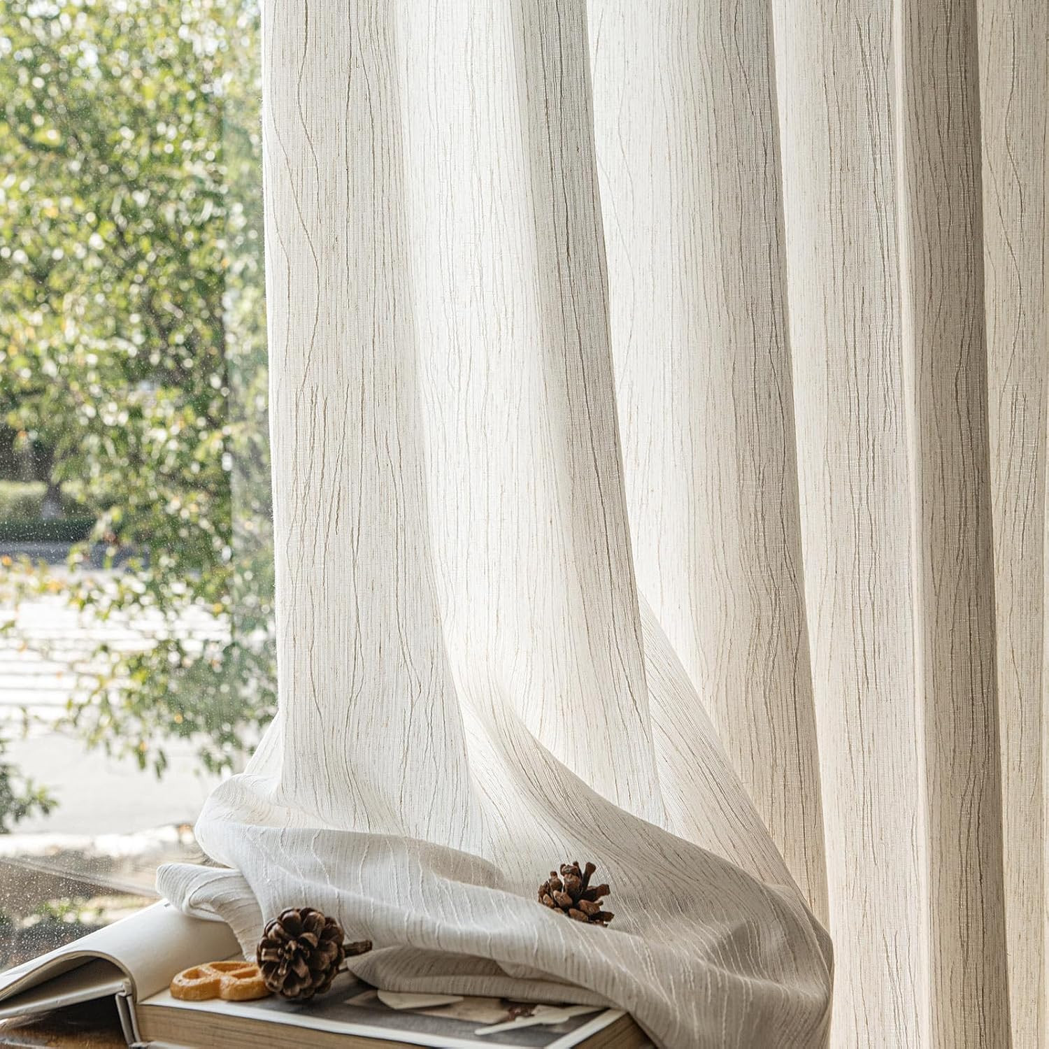 Boho Abstract Grain Striped Semi-Sheer Curtains for Living Room Linen Textured 8