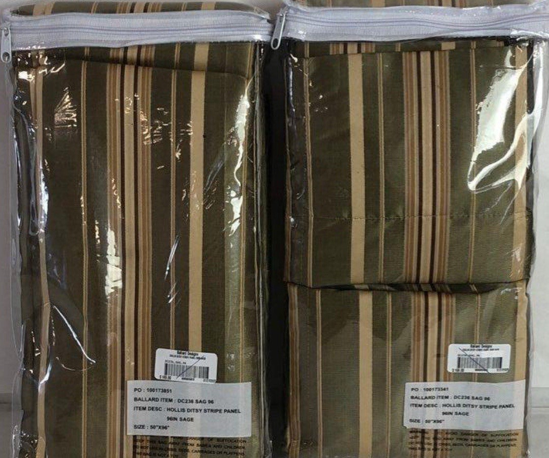 NEW Drapes Set Of 2 Ballard Designs Panels 50×96” Striped Sage Gold Brown
