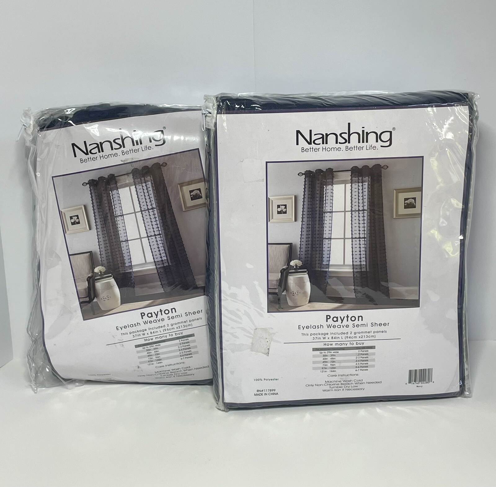 NEW Nanshing Payton Navy Grommet Eyelash Weave Semi-Sheer Panels 74”x 84”