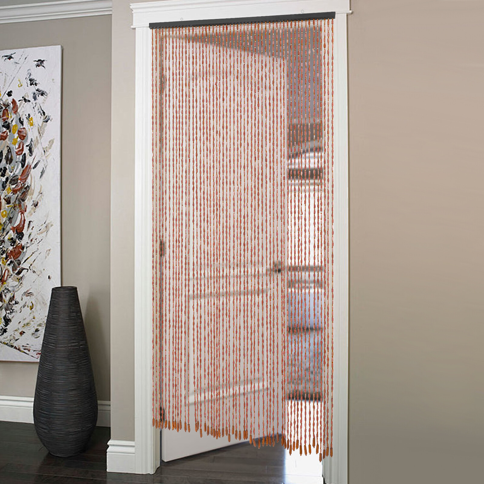 Wood Beaded Curtain and Bamboo 52 Line Wave Dense Fringe Beaded Door 90 x 200 cm