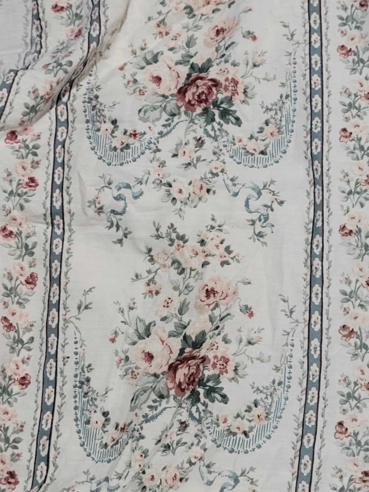 Floral Striped Ruffled Swooped Valance Solid Blue Hem 44x96in Grannycore