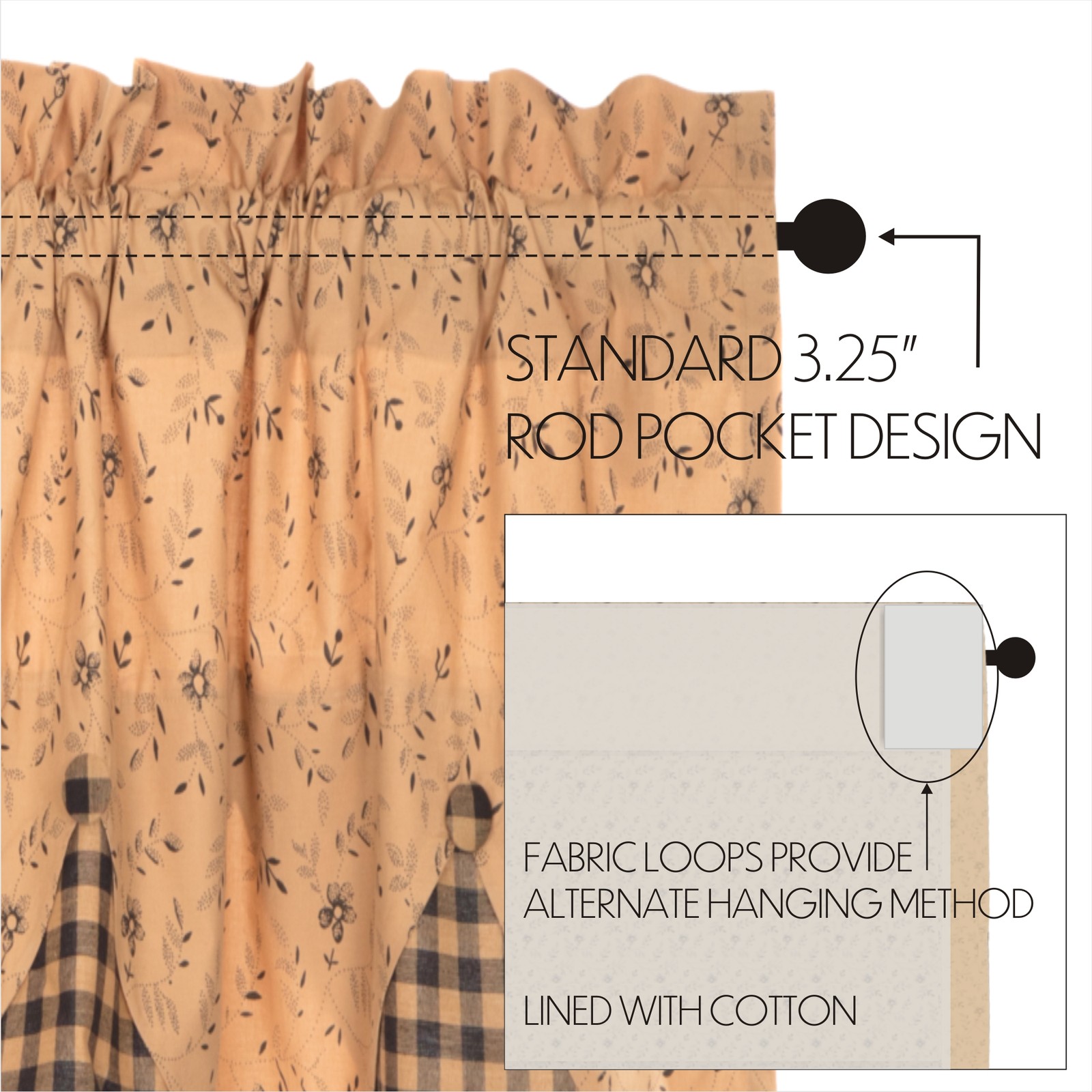 VHC Brands Primitive 63″x36″ Panel Pair Tan Rod Pocket Buttons / Window Curtains