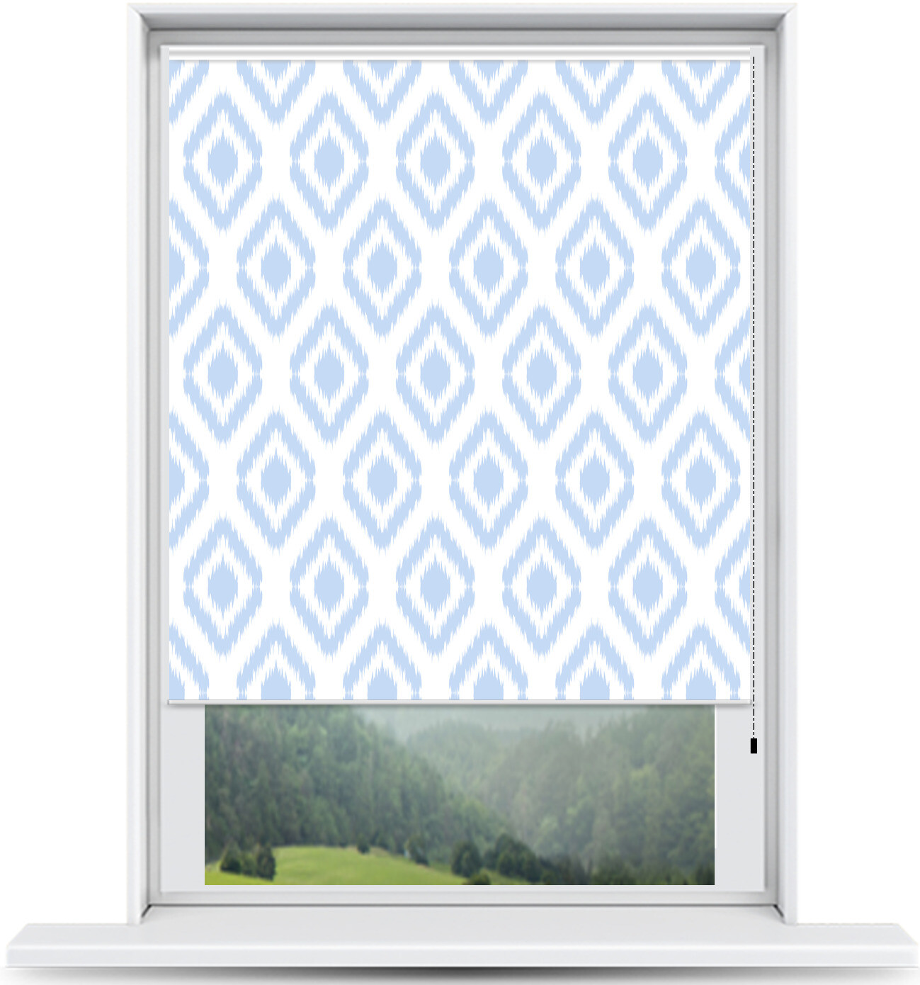 ArtToFrames Custom Window Shade – Blackout Ikat Light Blue Design Reversed Roll