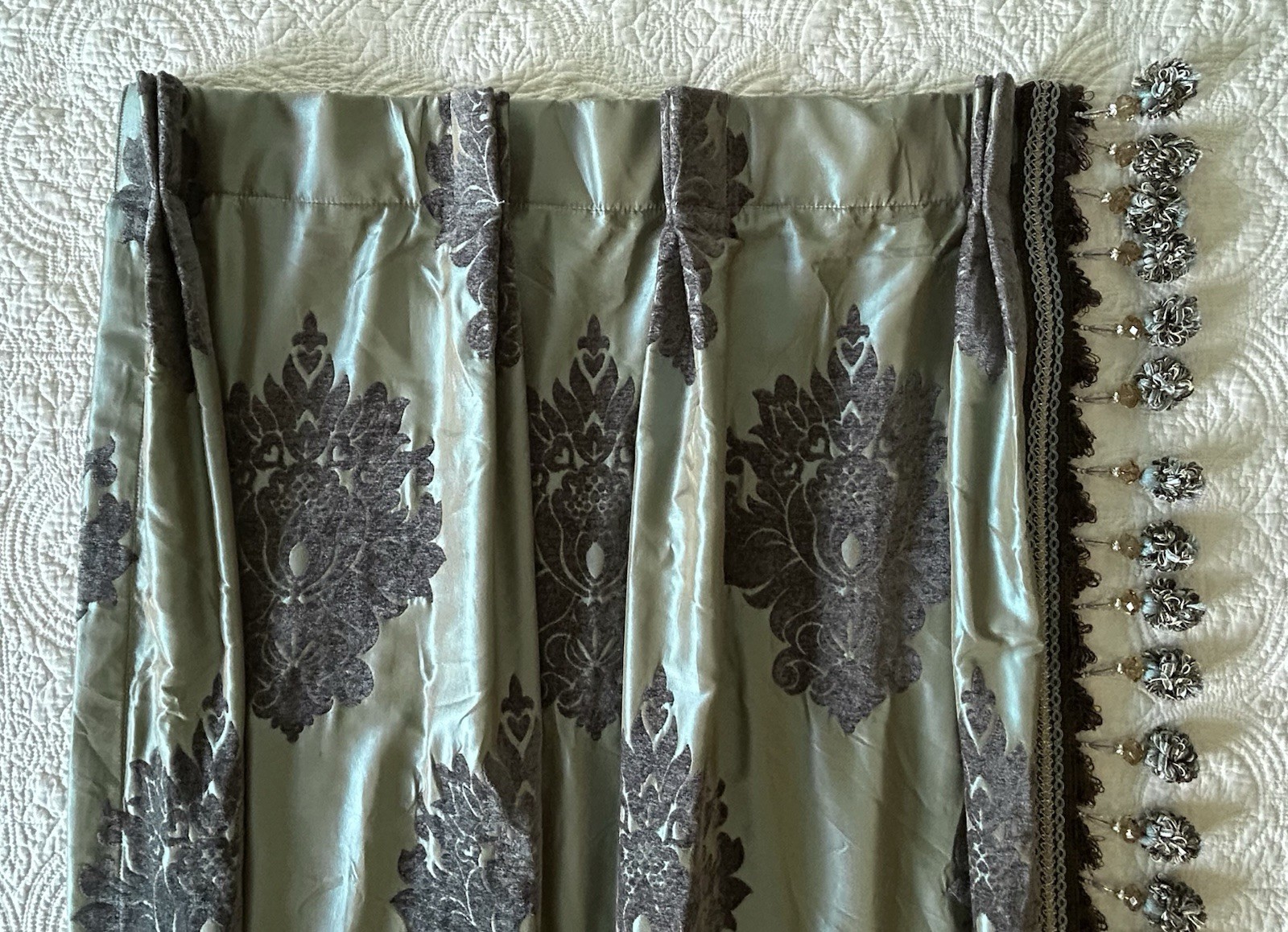 Custom Pleated Drapery Panels Pair 110”L Silk? High-end Tassel Trim 27”W