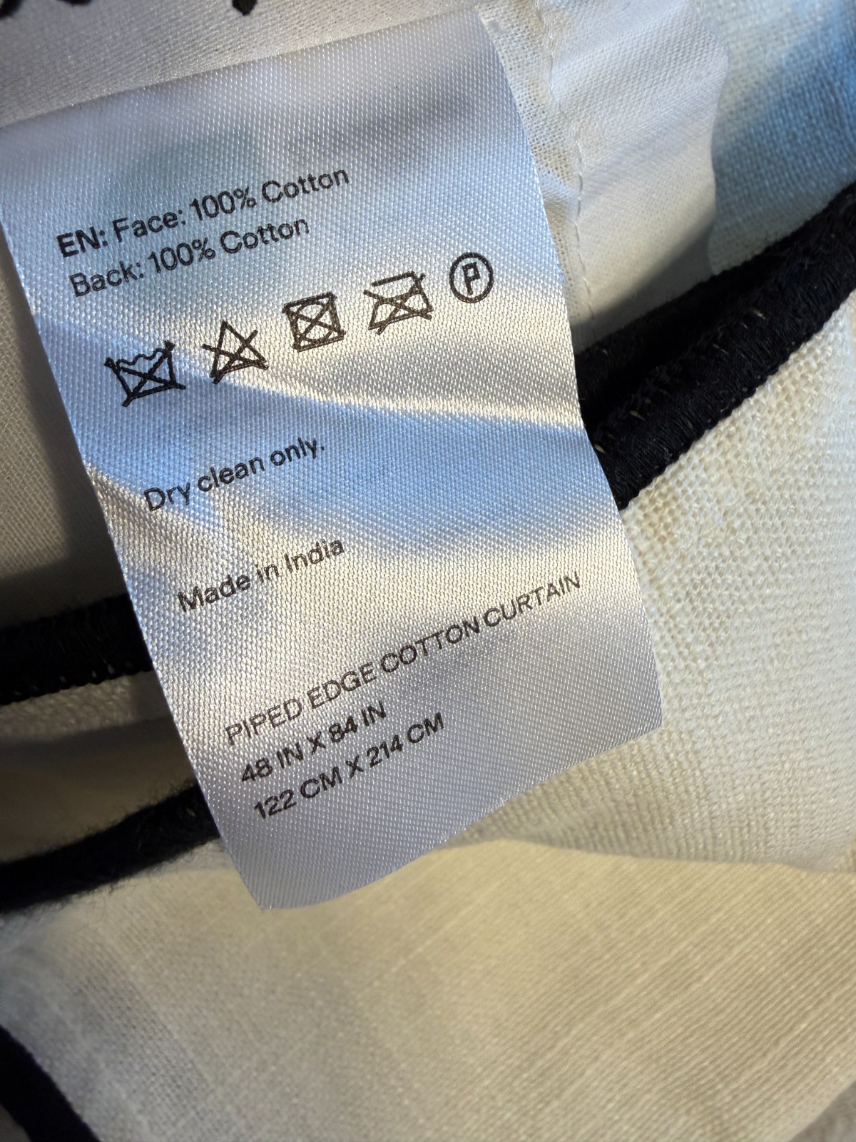 Quince Piped Edge Cotton Curtain Panel 48×84 White Black Lined Back Tab