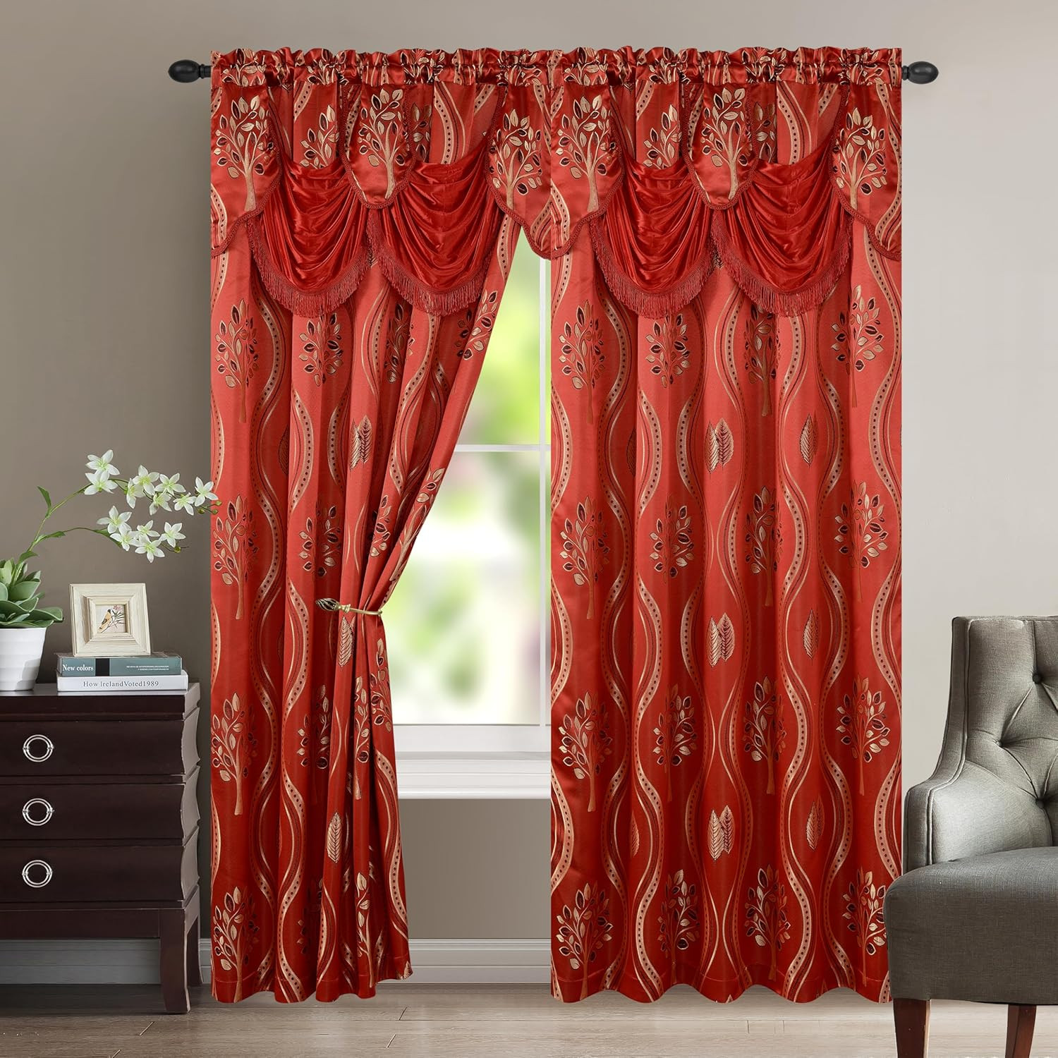 Luxurious Beautiful Curtain Panel Set with Attached Valance and Backing 54″ X 84