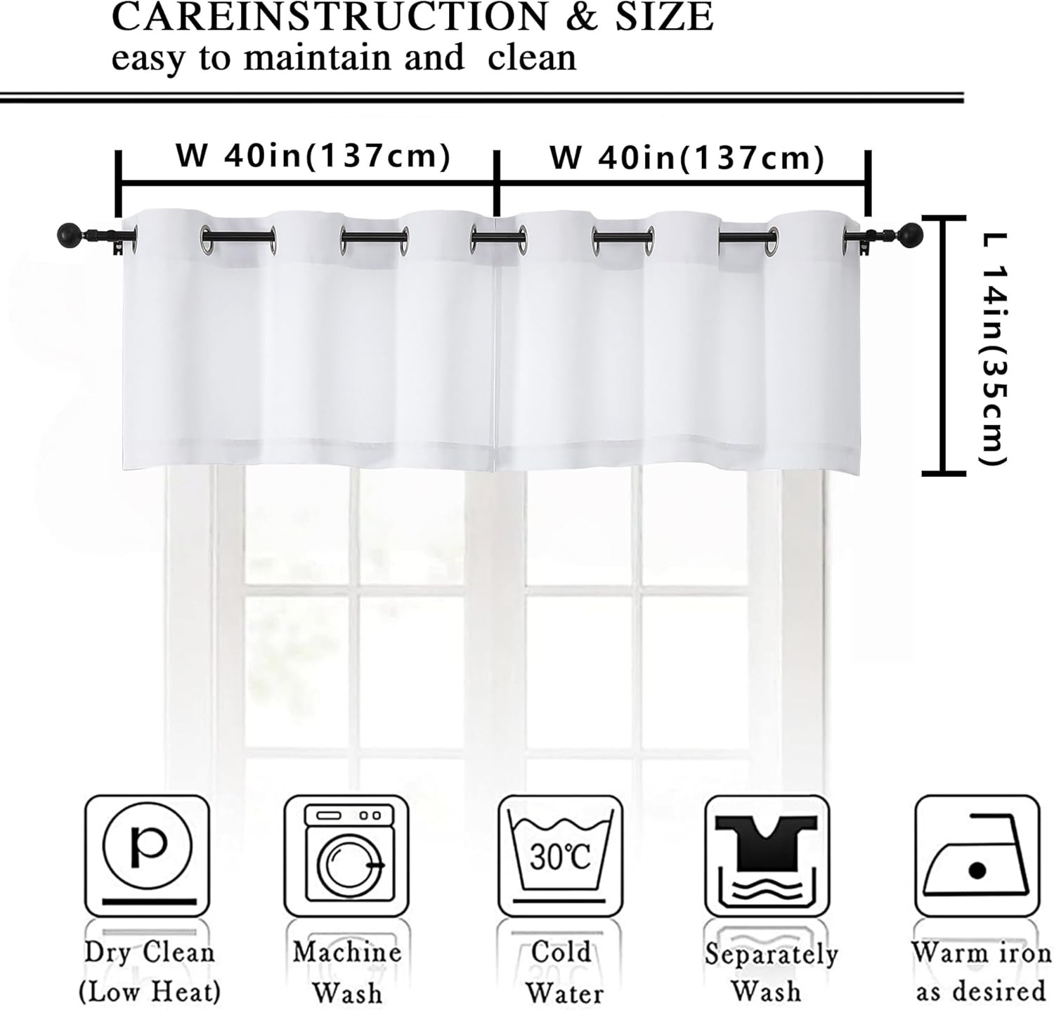 Pure White Window Valance for Kitchen 14 Inches Long 2 Panels Set, Light Filteri