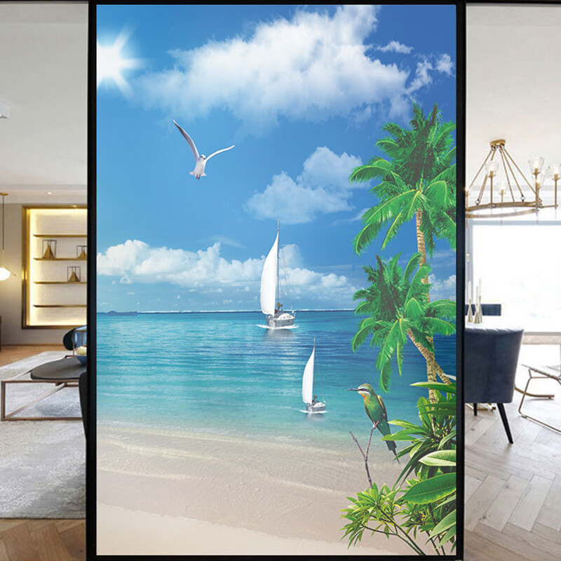 Privacy Windows Film Decoration Beautiful Beach Stained Glass Stickers Decors