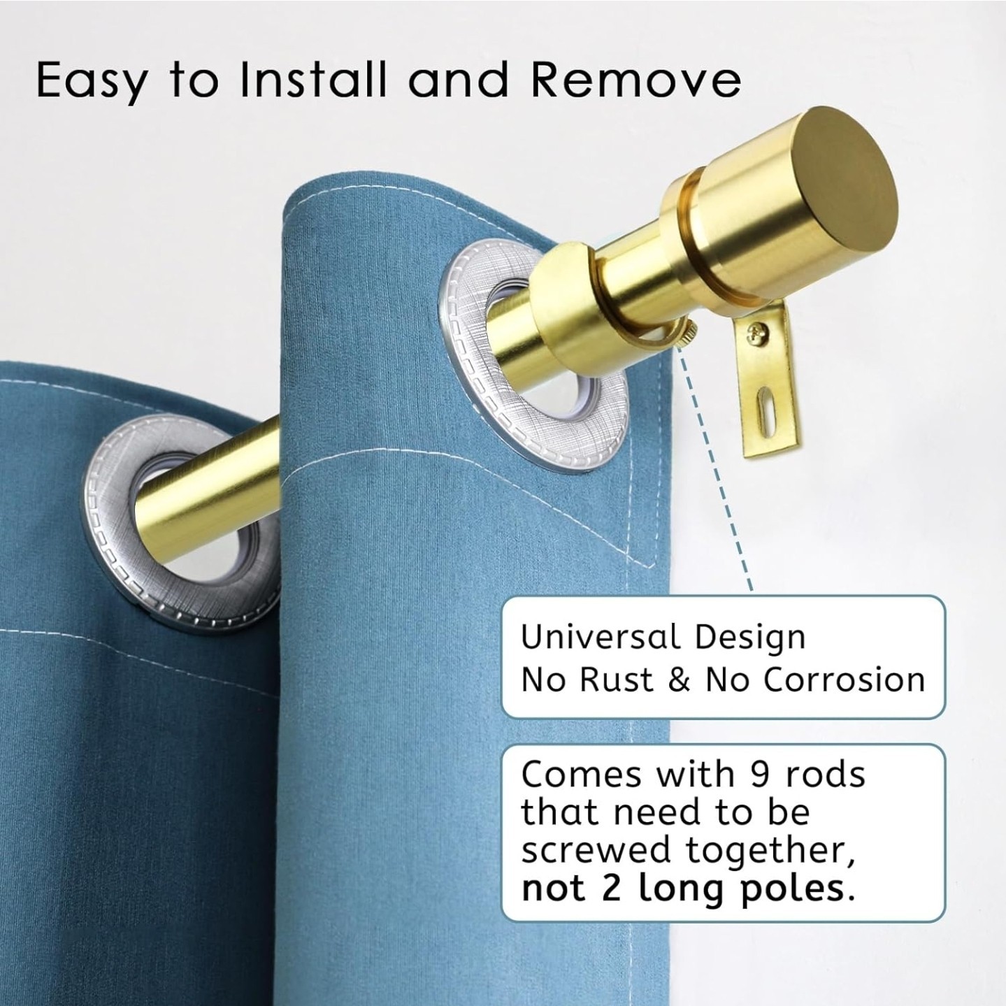 Adjustable Curtain Rods For Windows 16 to 144 Inches, 1 Inch Diameter, Gold, NEW