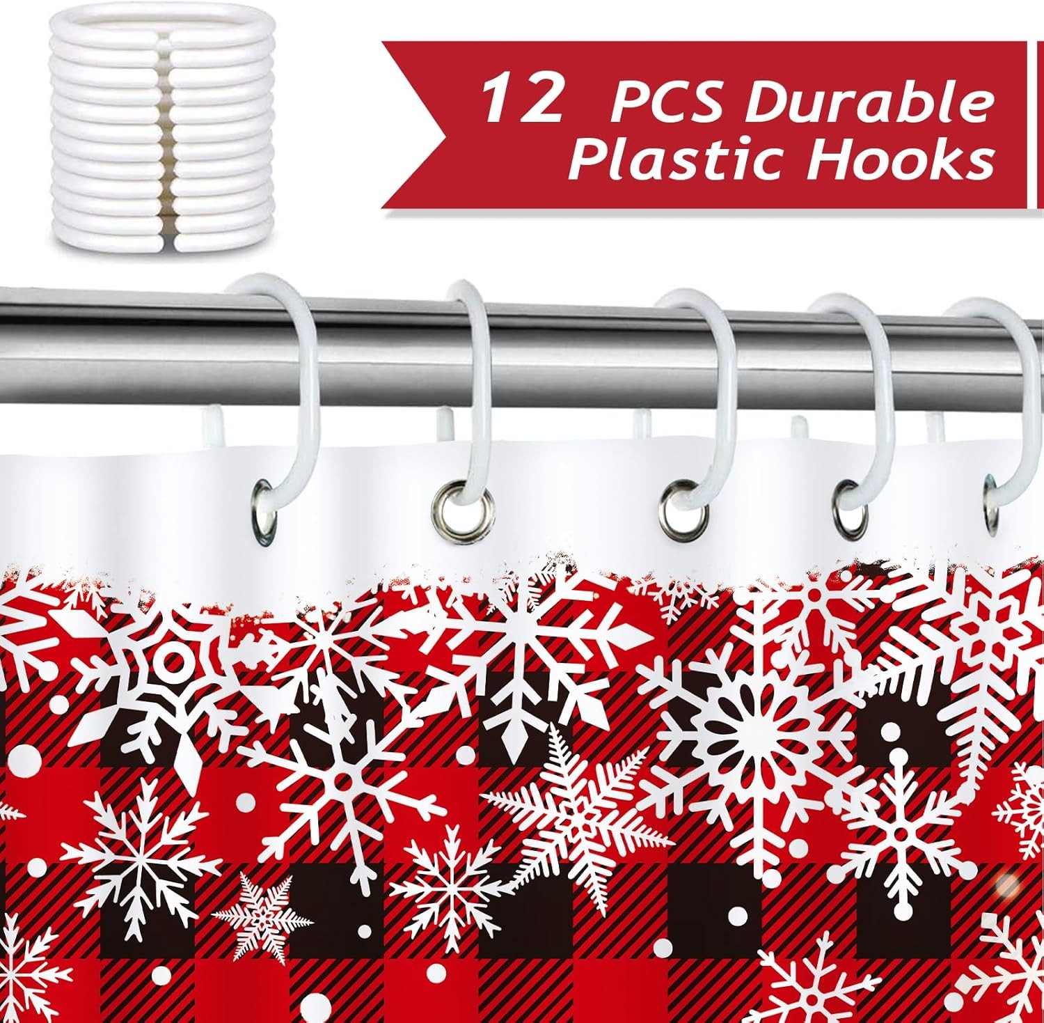 Christmas Shower Curtain, Winter Snowflakes Xmas Village Santa Red Black Plaid
