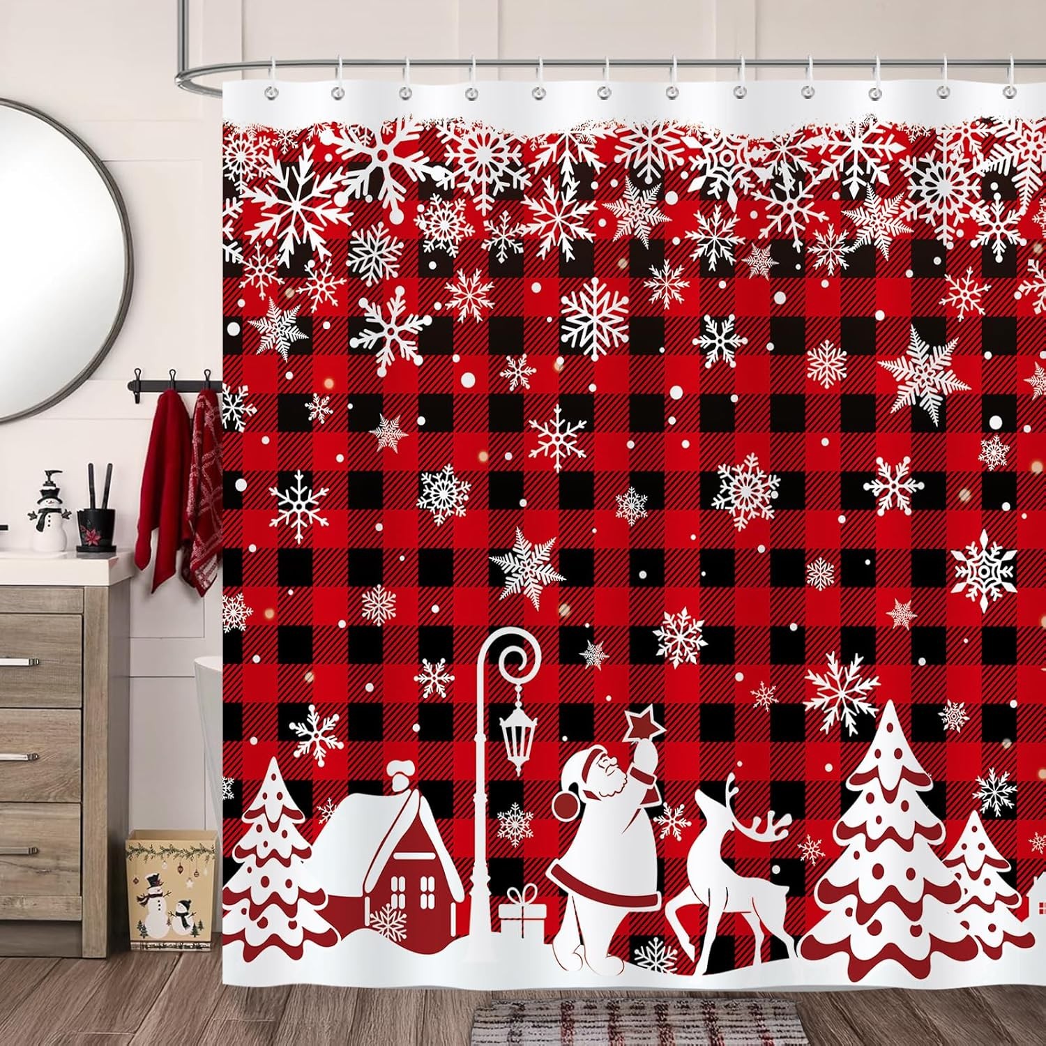 Christmas Shower Curtain, Winter Snowflakes Xmas Village Santa Red Black Plaid