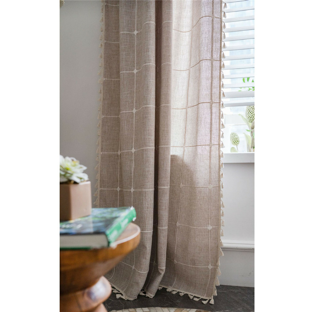 Plain Tassel Curtain Curtain Plaid Embroidery Drape Living Bedroom Decor