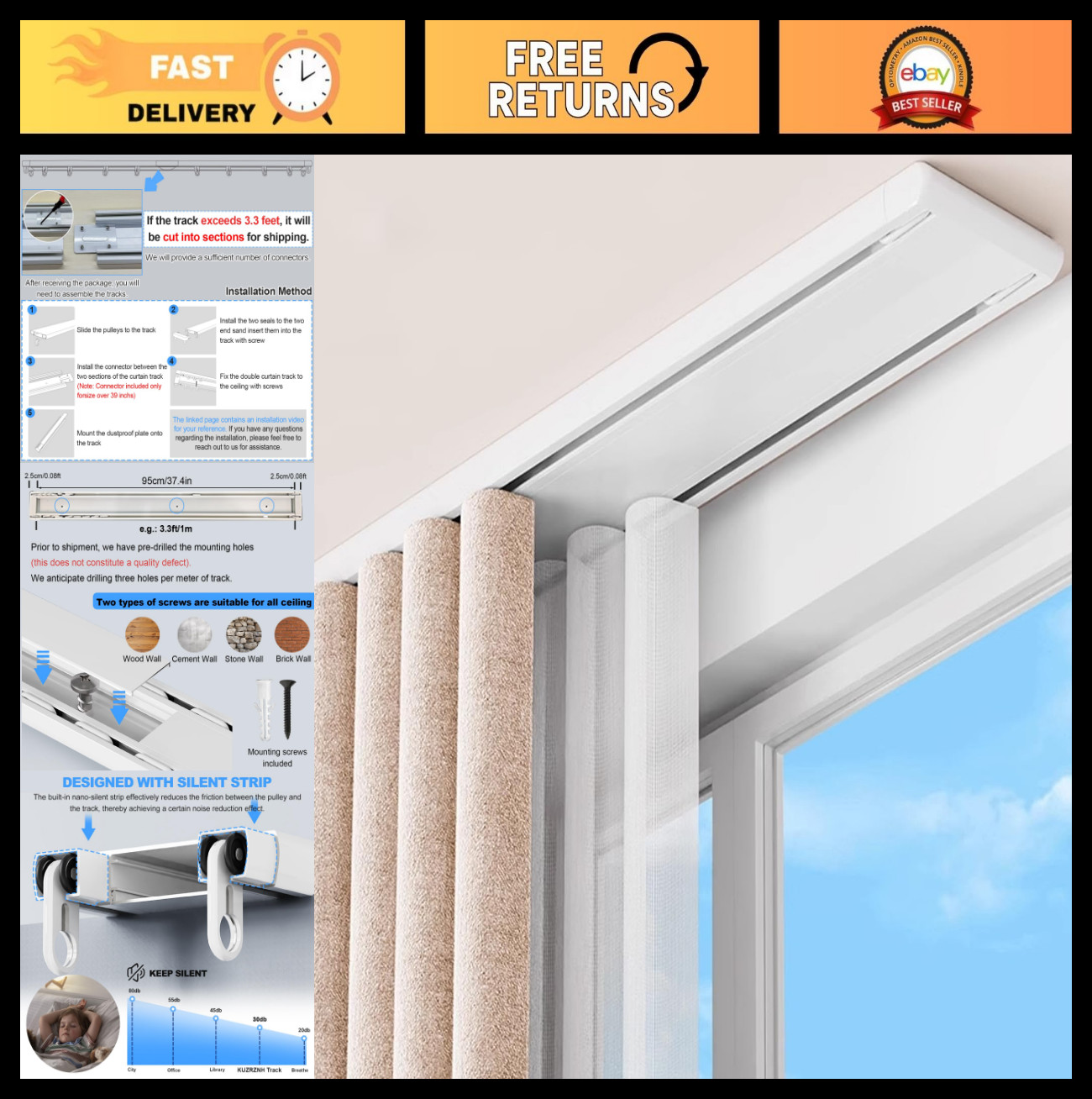 Heavy Duty Double Row Curtain Track System – Ceiling Mounted Sliding Rails for R