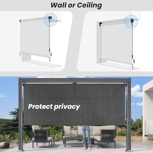 8’W x 6’H Gray Patio Shades Roll up Outdoor Roller Shade Crank 96″W x 72″H Grey