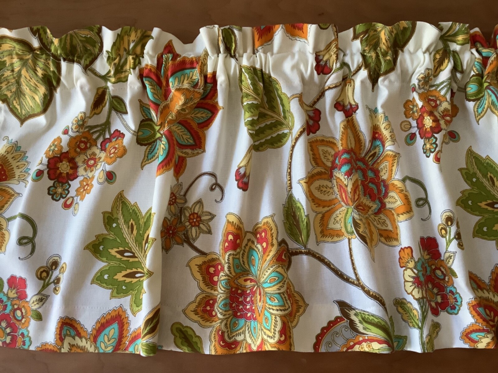 WAVERLY Jacobean Floral Valance in Orange, Green, Turquoise, Off White