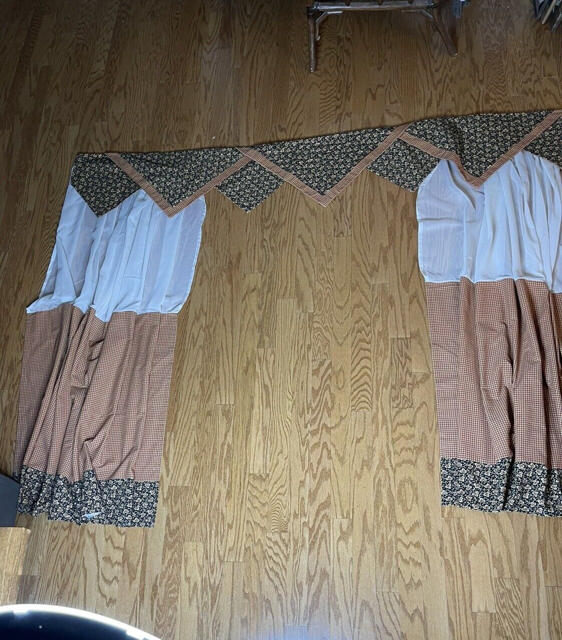 Vtg Custom Valance (96″ W) & 2 Panels (73″W) Black Floral Orange Check GORGEOUS!