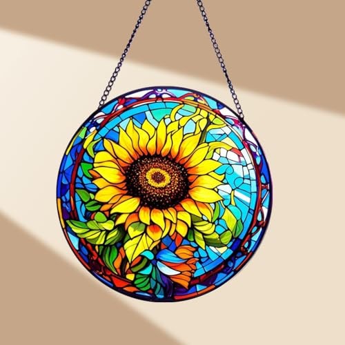 Sunflower Stained Glass Window Hanging, Round Yellow Floral Design for