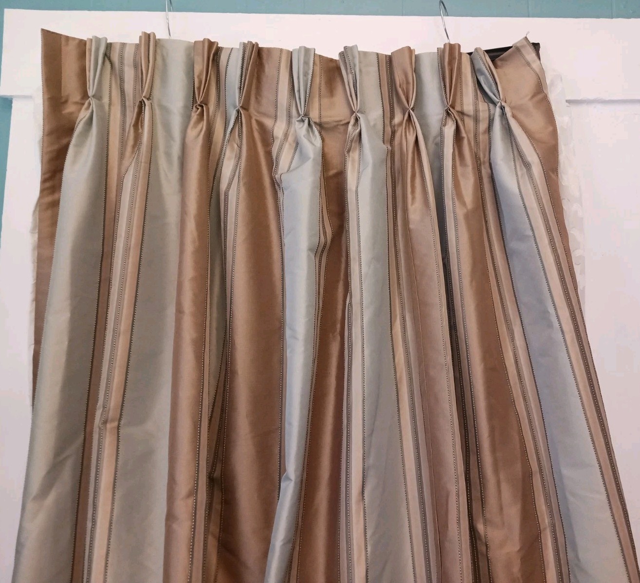 Set 2 Pinch Pleat Drapes Taupe Sage Stripe Lined Panels 36″ X 82″ each Faux Silk