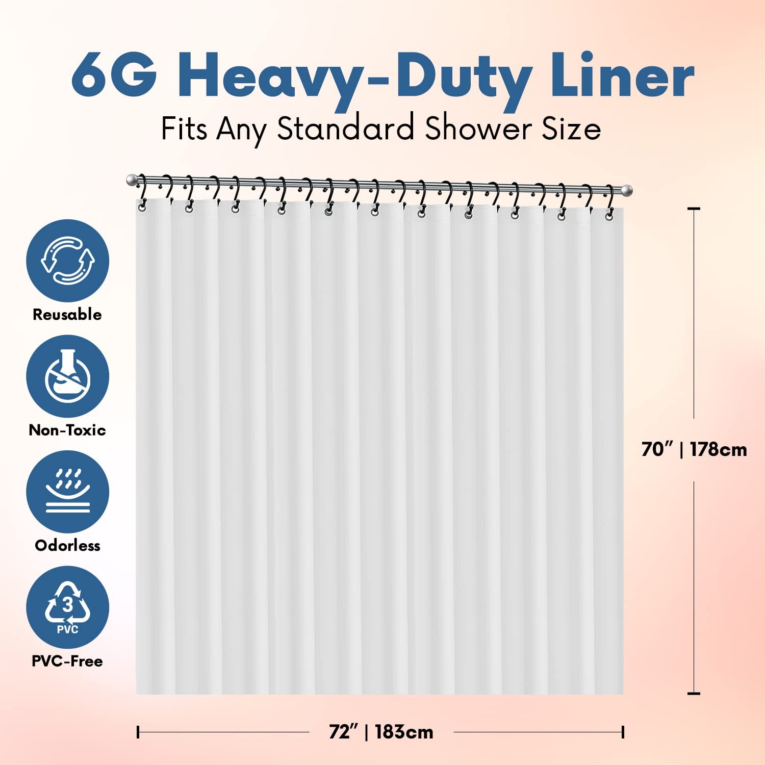 No Smell Shower Curtain Liner 72×72 White – 72″W x 72″L (Pack of 1),