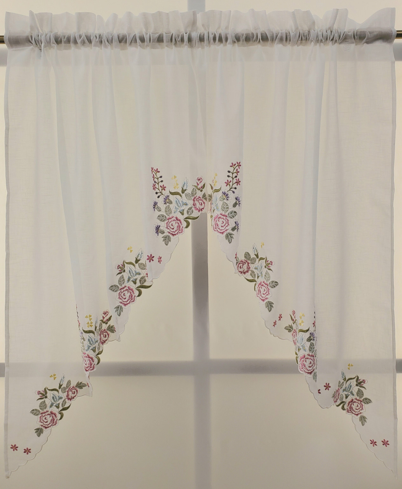 Rose Heavily Embroidered Floral White Semi-Sheer Scallops Swag Valance or Tiers