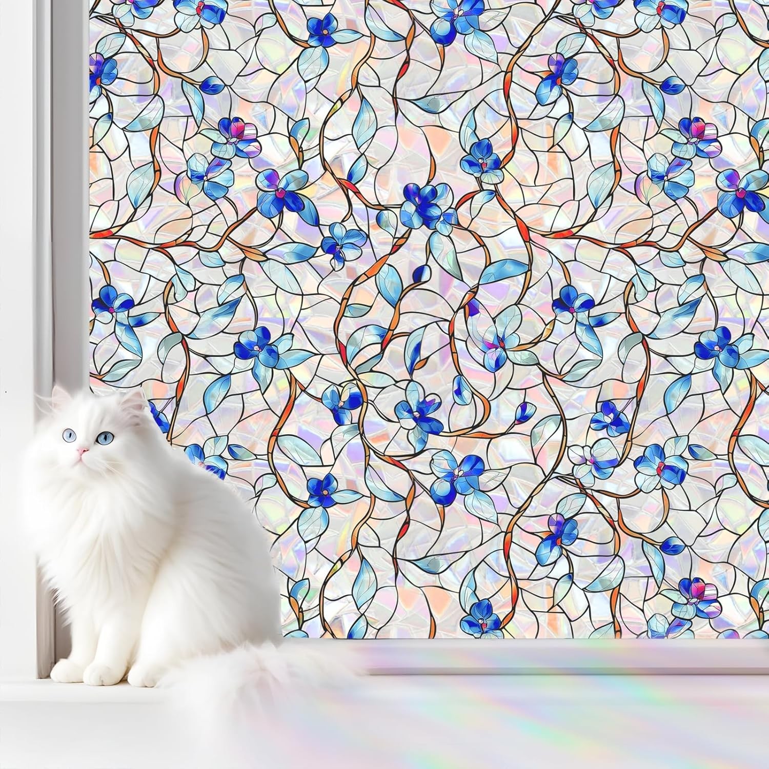 Window Privacy Film Static Cling Glass Film Rainbow Floral UV Blocking Decor