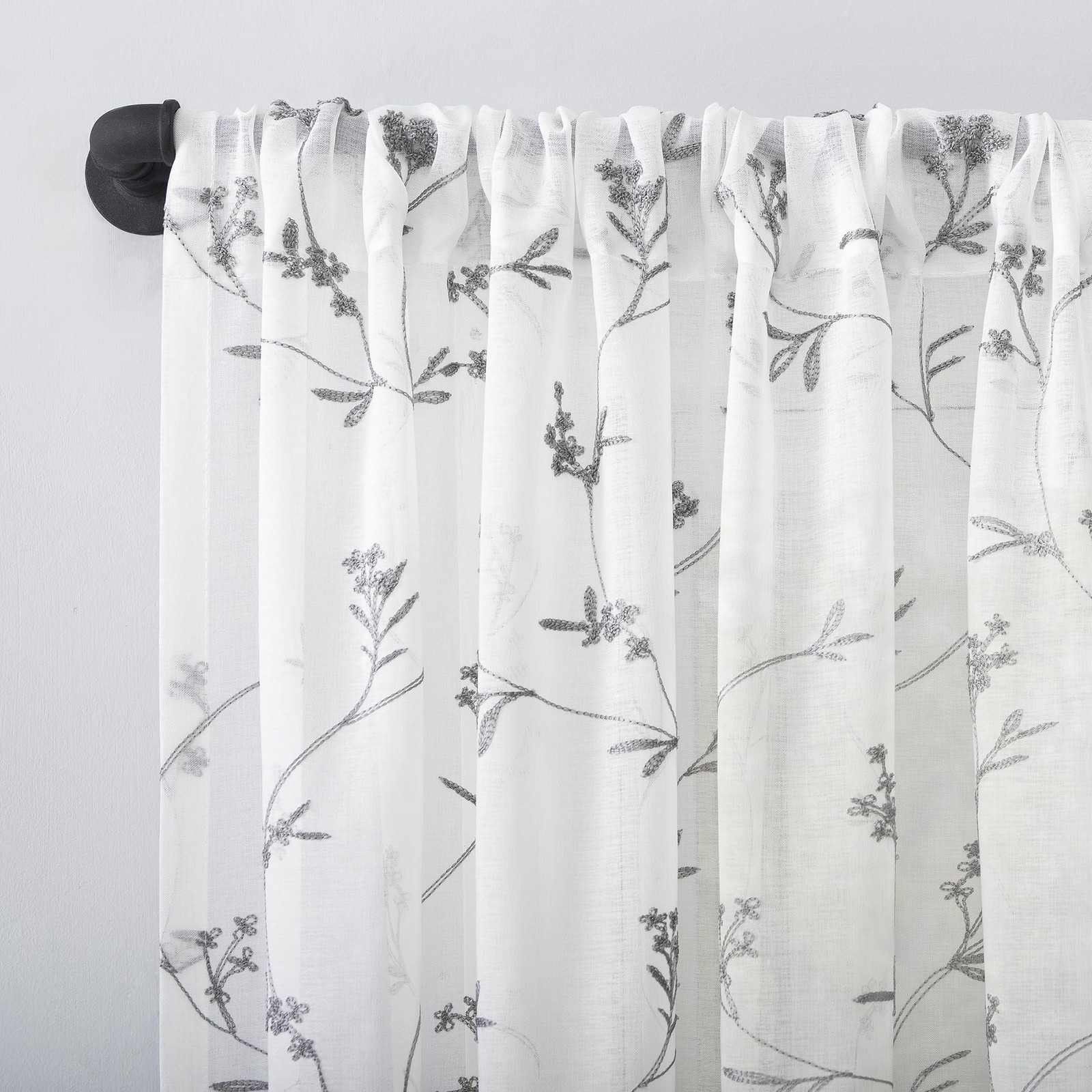 Delia Embroidered Floral Sheer Rod Pocket Curtain Panel, 50″ x 84″, White