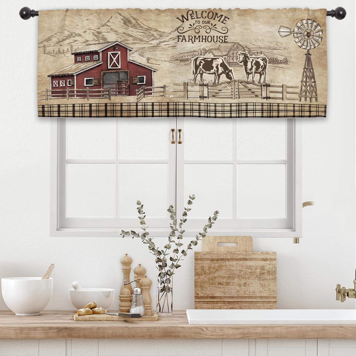 Farmhouse Farm Rustic Kitchen Curtain Valance 54W x 18L Inch Vintage Country Cow