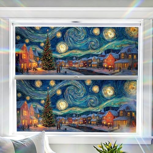 Decorative Window Film Swirling Night Winter Village, 39.37×17.32 Colorful1182
