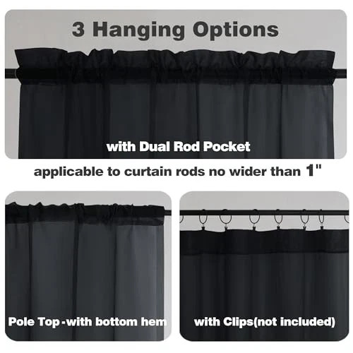 Sheer Valances for Windows 2 Pack, 42W x 14L 42″W x 14″L (Pack of 2) Black