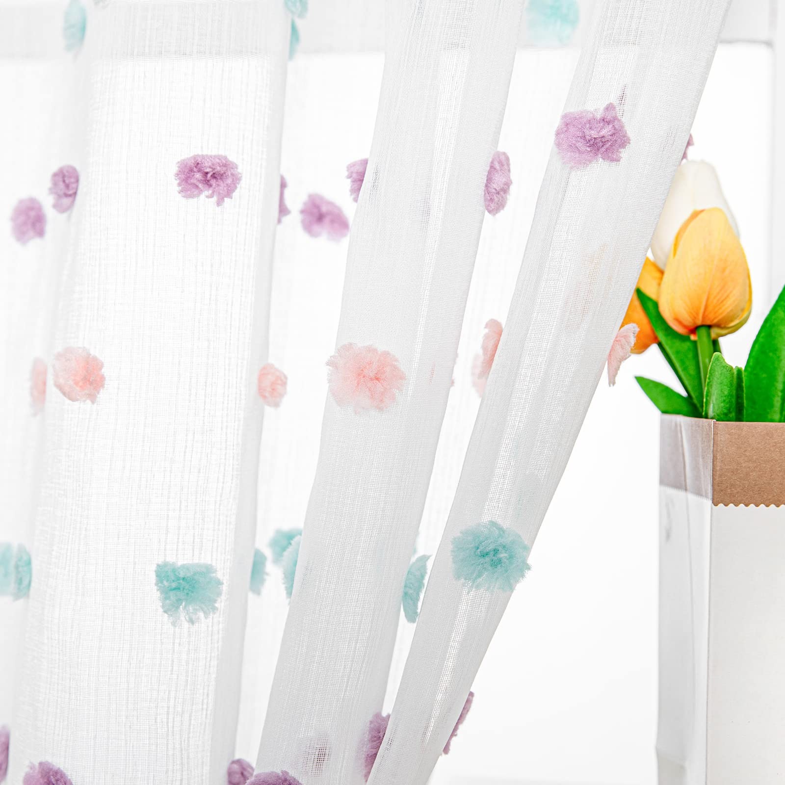 Short Curtains for Bedroom Rainbow Pom Pom Sheer Curtains Kitchen Bathroom 54…