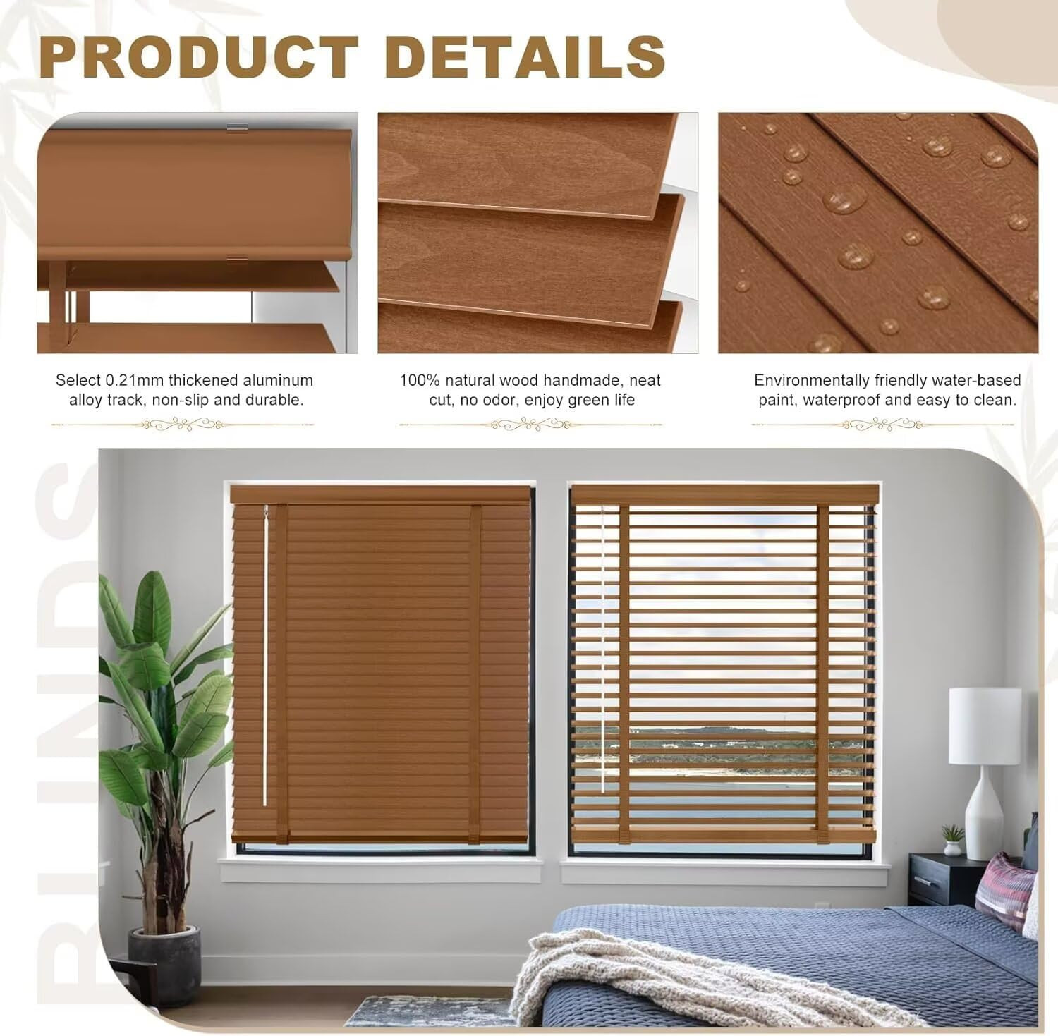 2″ Cordless Solid Wood Blinds for Indoor Window,21.5″ W X 36″ H Real Wooden Blac