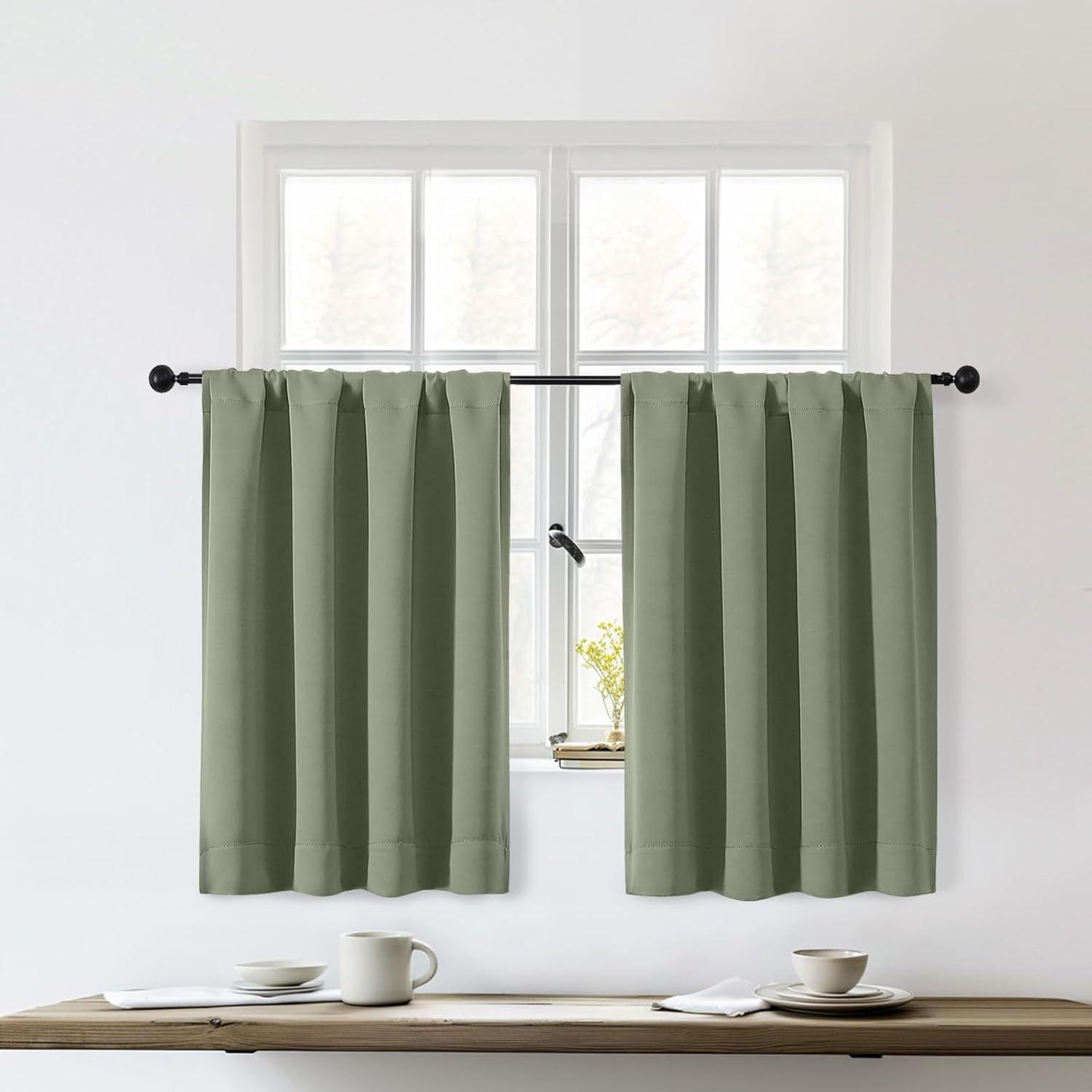 OWENIE Sally Sage Green Blackout Kitchen Curtains 36 Inch Length 2 Panels Set, H