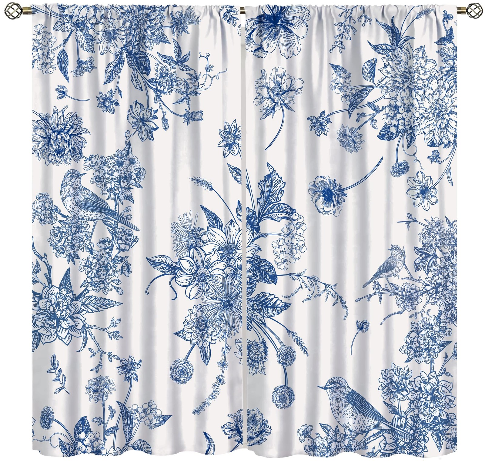 Blue Floral Bird Curtains, Boho Vintage Navy White Flowers Bird Chinoiserie A…