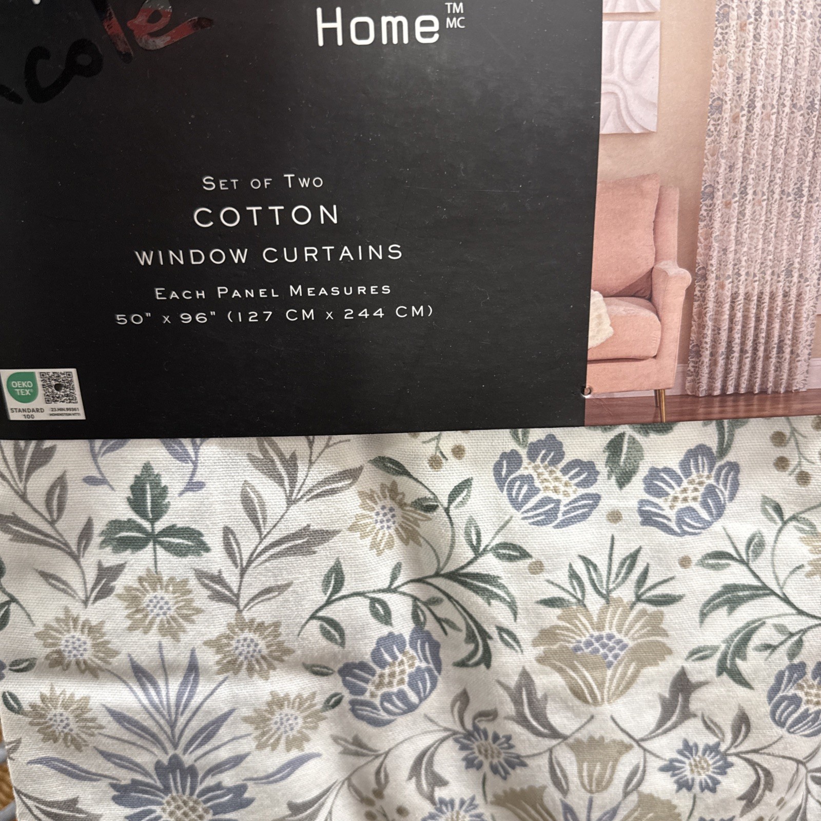 Nicole Miller Floral Damask Blue Cotton Two Back Tab Window Panels 96” ~New~