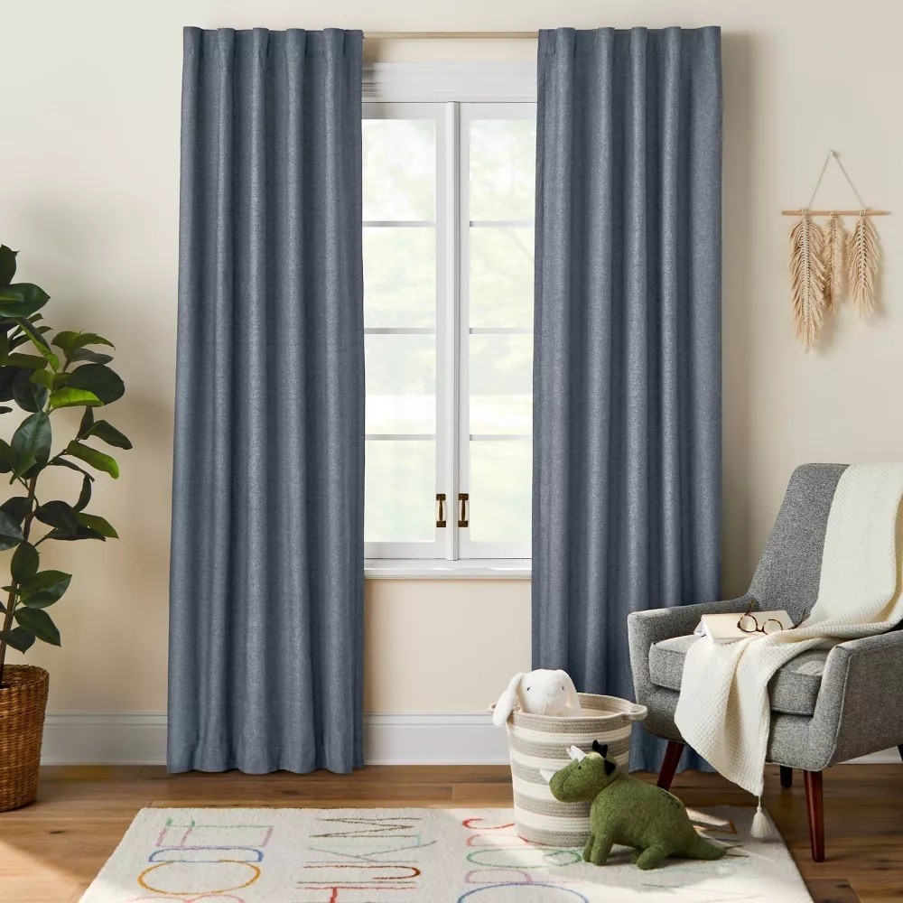 Pillowfort Navy Blue Chambray Cotton Single Blackout Curtain Panel 42″ x 84″