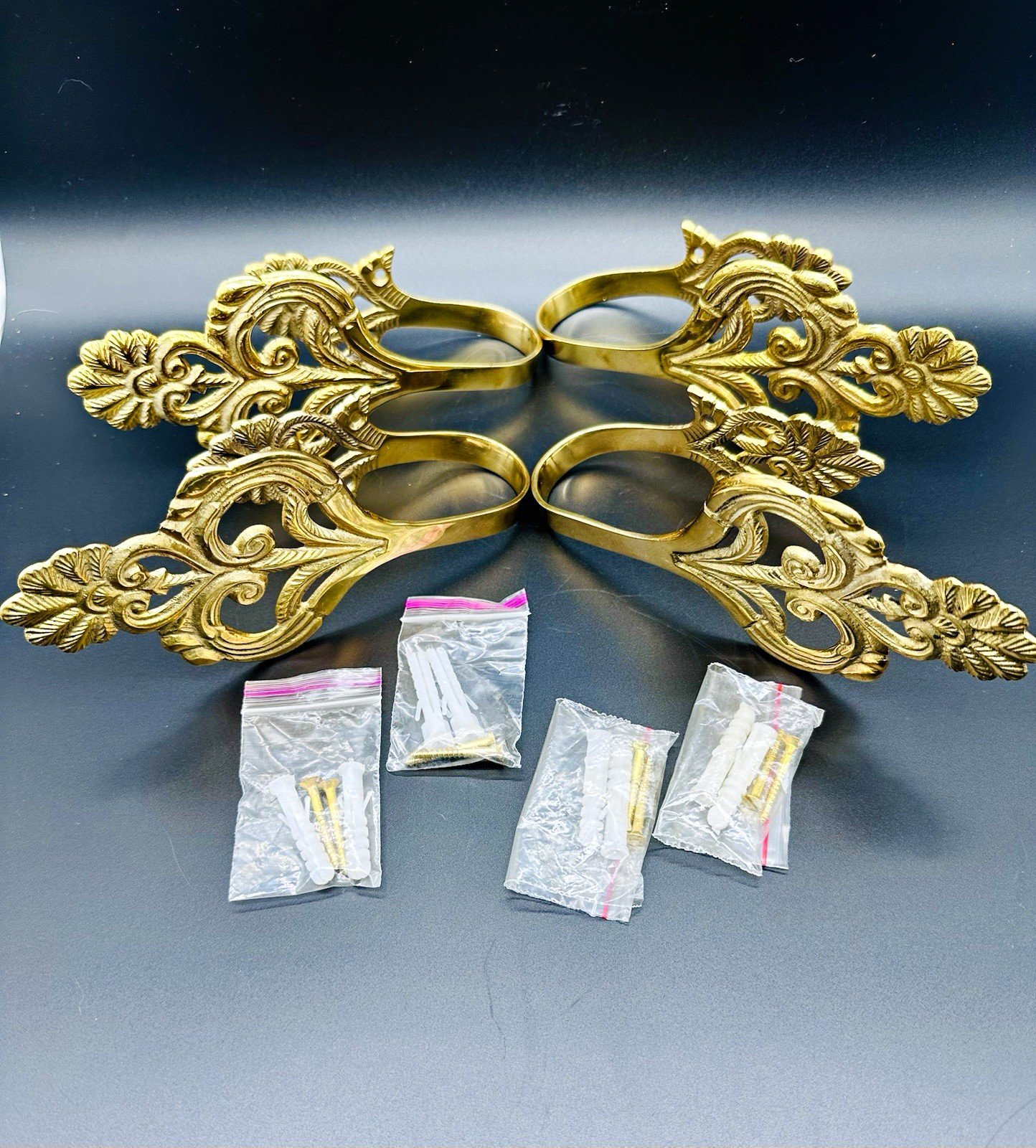 Vtg Solid Brass Curtain Holdbacks Set of 4 Made in India Rococo Leaf Tie Backs