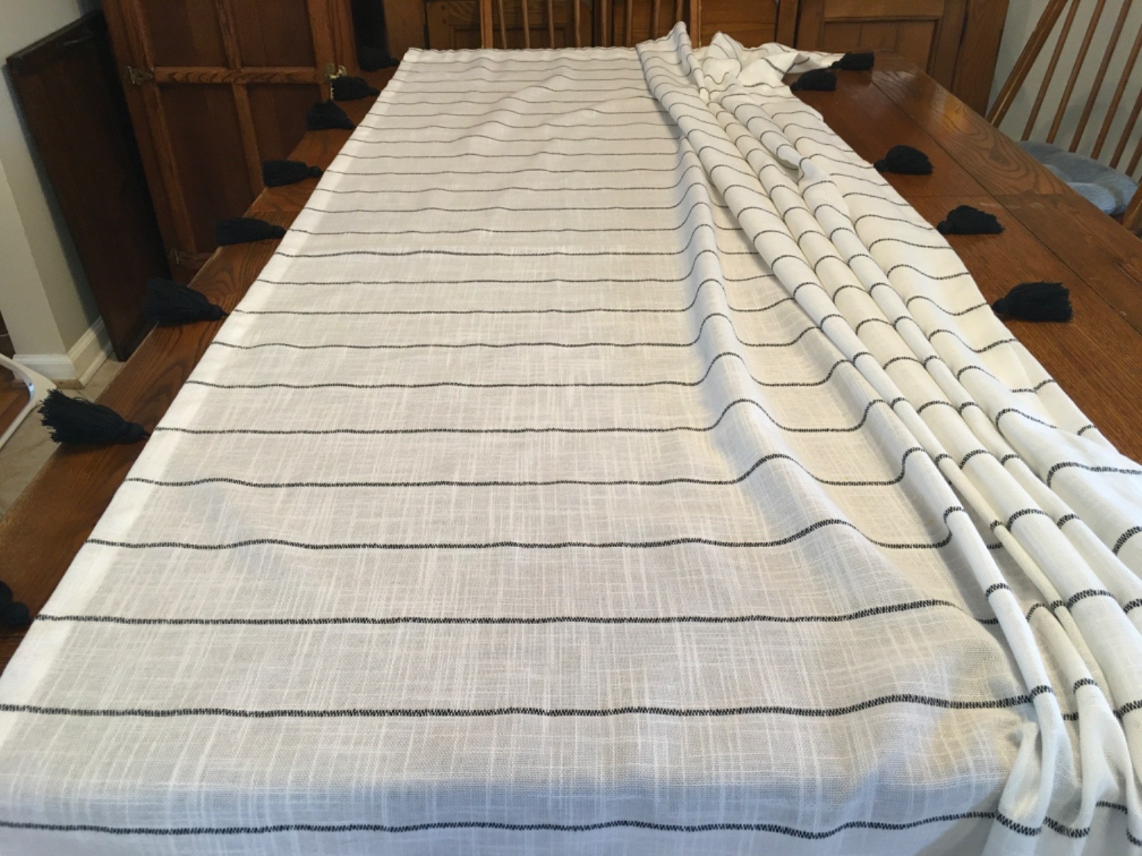 Opal House 84×54 Woven Black & White Stripe Curtain Panel with tassels on sides