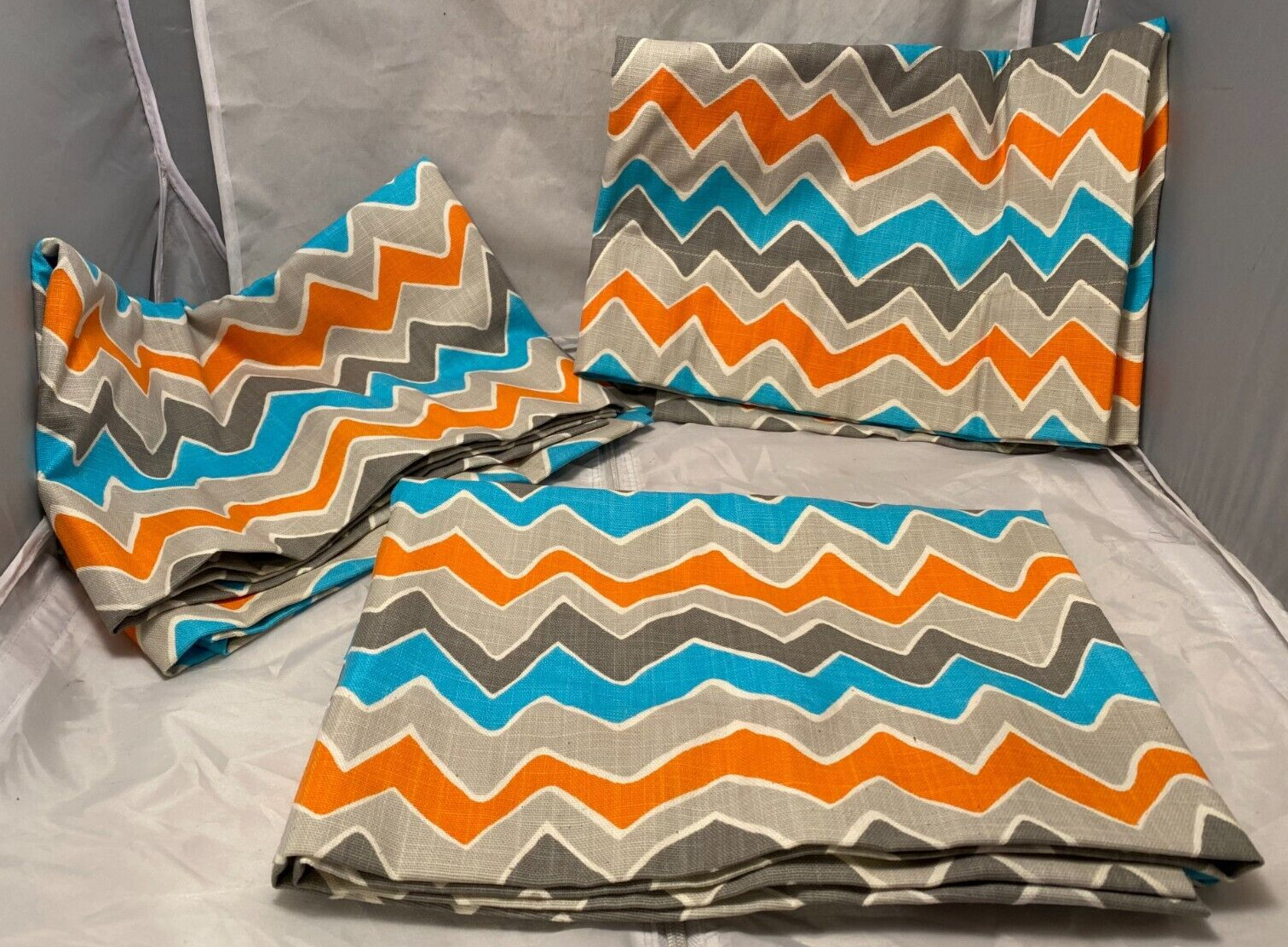 3 Curtains 50″ x 18″ Rod Pocket Three Panels Turquoise Orange Grays Hand Sewn