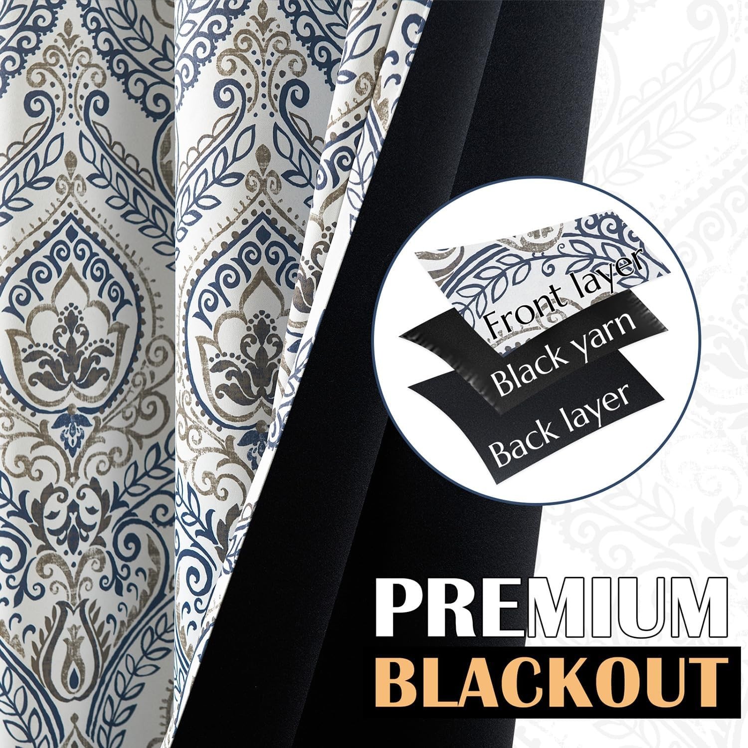 Blue Damask Blackout Curtains 96″ Grommet Thermal Insulated Drapes Set of 2