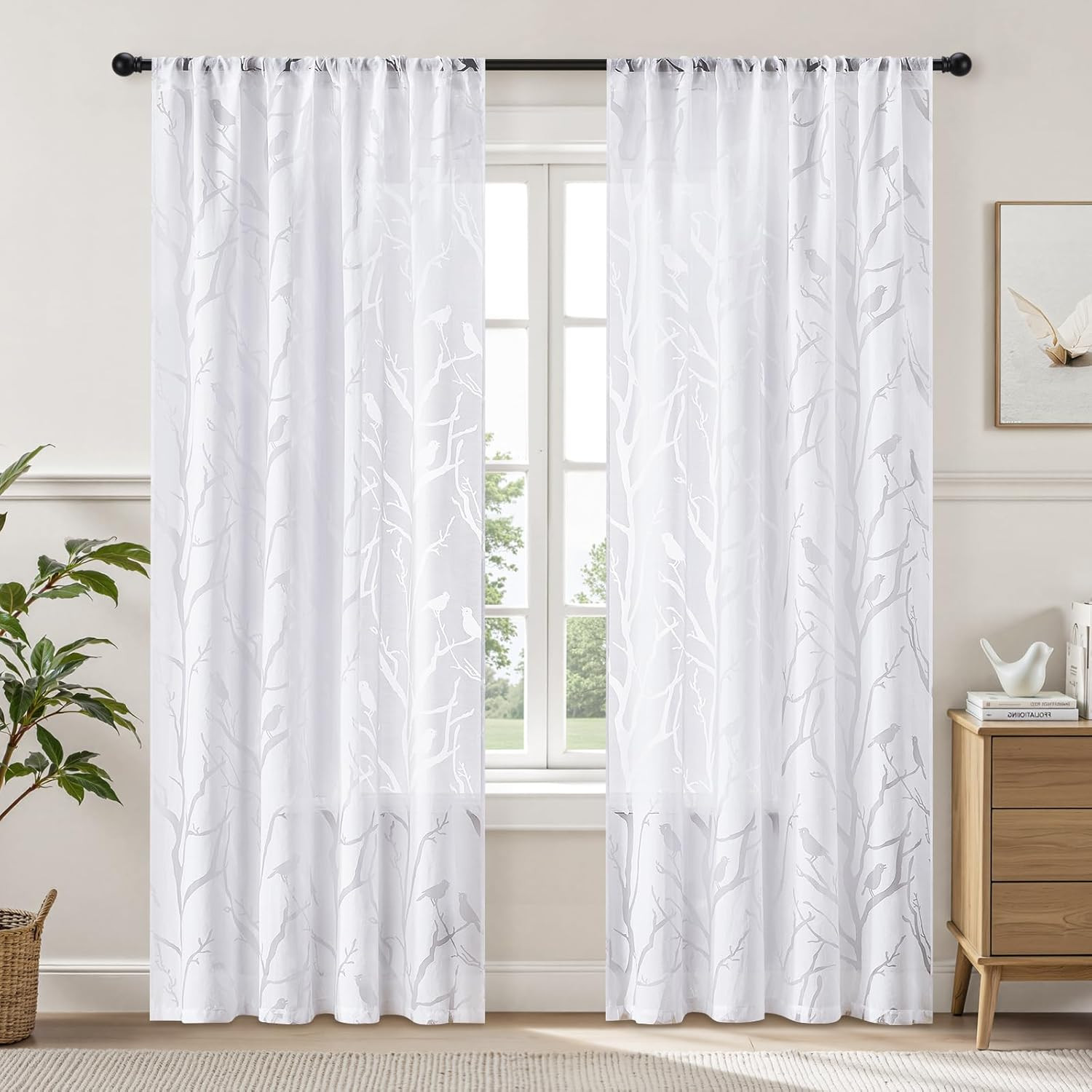 White Sheer Curtains 84 Inches Long, Birds on Branch Pattern Light Filtering Win