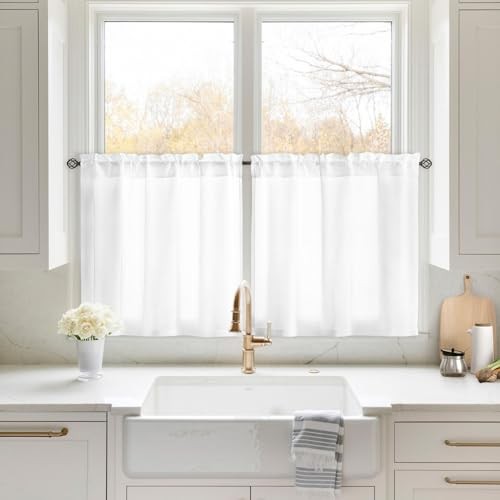 Non-See-Through Privacy Sheer Kitchen Curtains 30″W x 24″L (Pack of 2) White