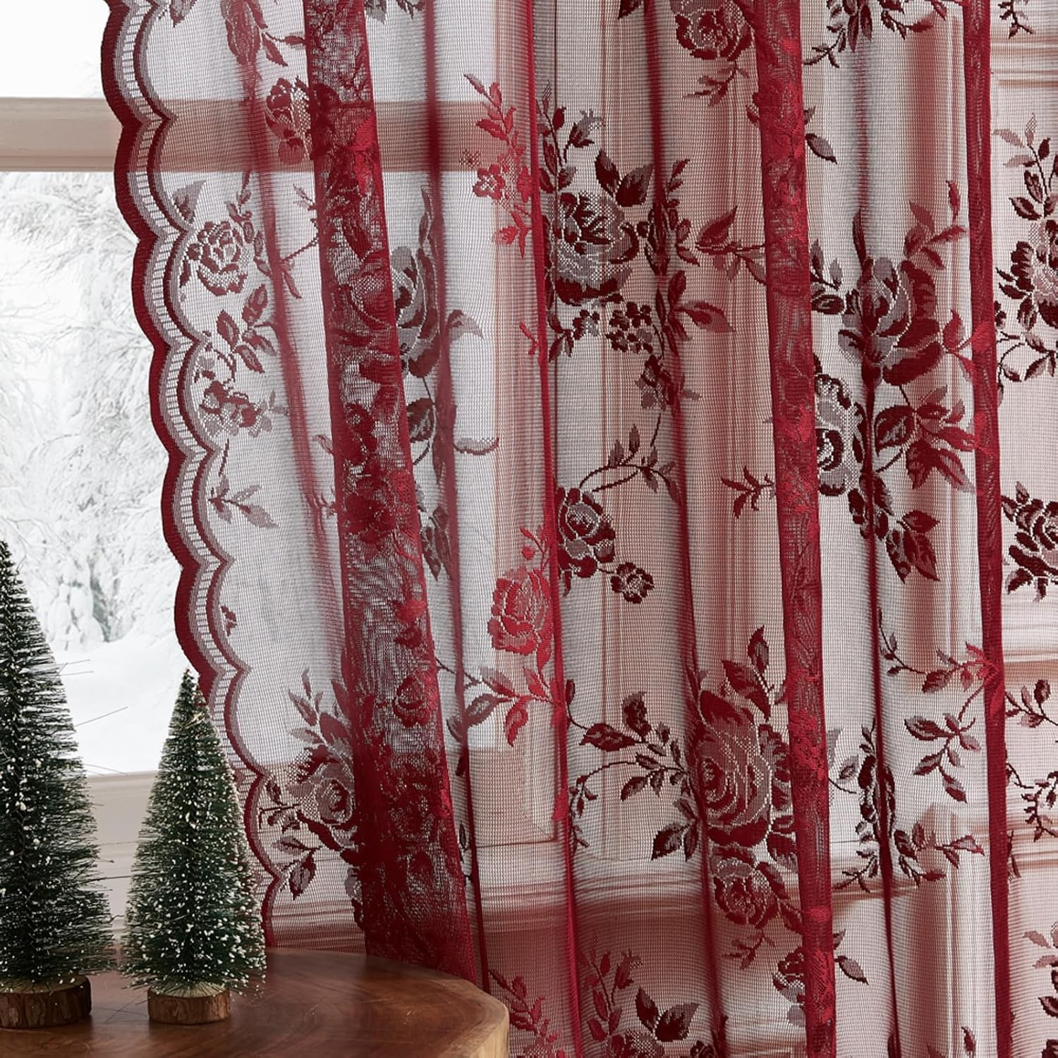 Burgundy Lace Curtains 84 Inches Long Vintage Floral Curtains 2 Panels for Bedro