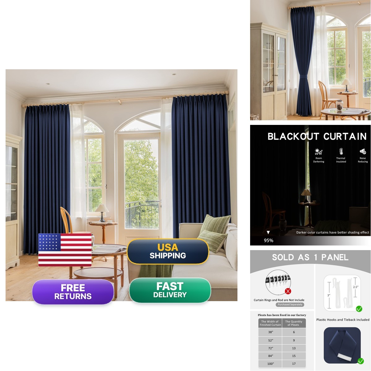 Oyring Pinch Pleat Curtain Extra Wide 95 Blackout Thermal Insulated Pleated
