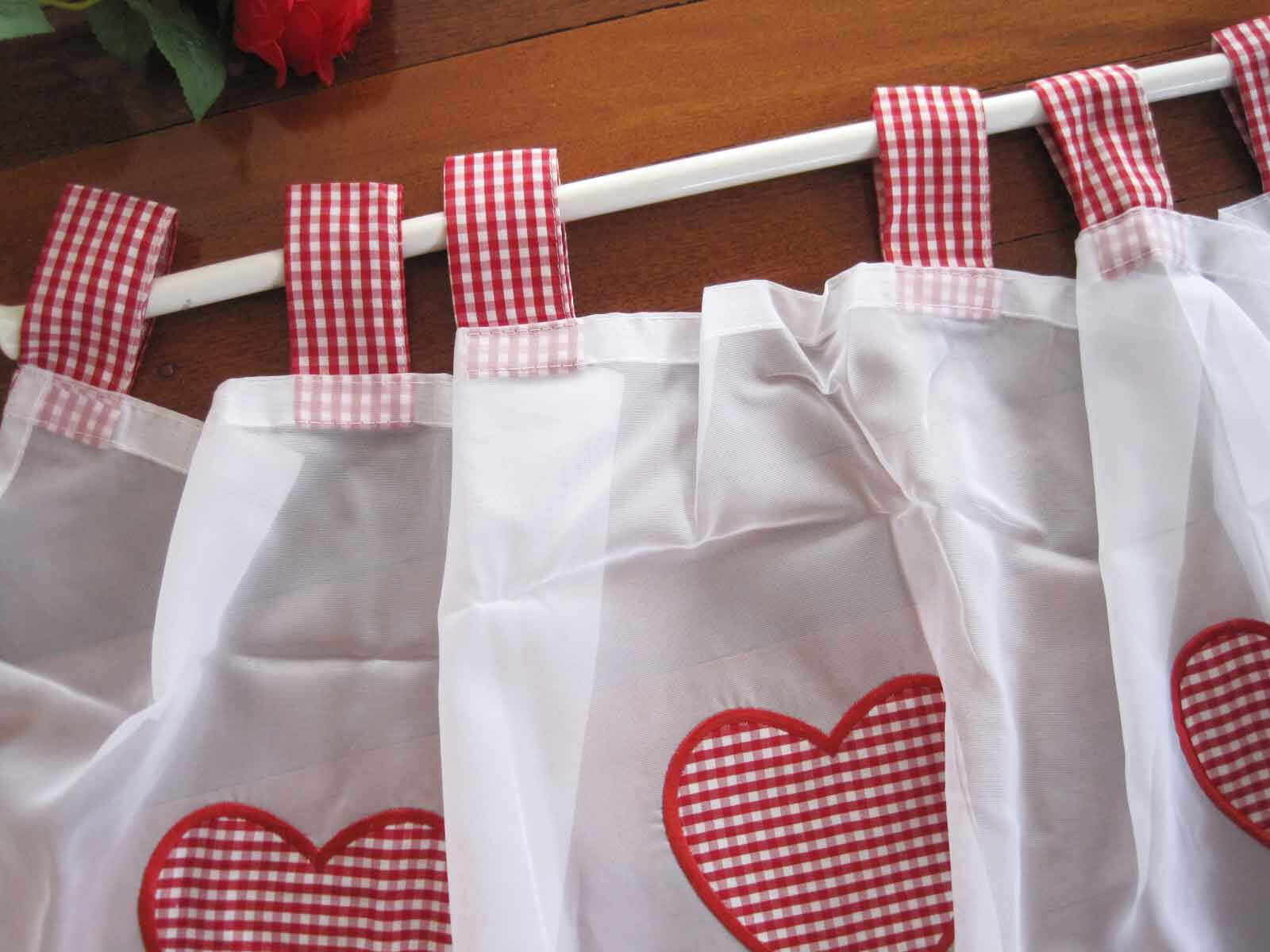 Clearance 50%OFF Red White Gingham Heart Applique Embroidery Tape Sheer Curtain