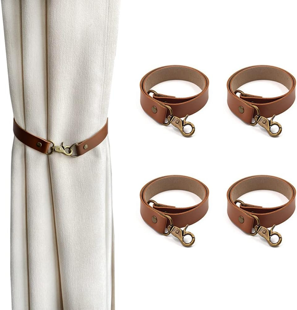 Leather Curtain Tiebacks, 4Pcs Leather Curtain Buckle Holdbacks Classic No-Drill