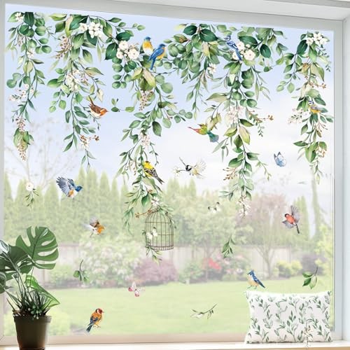 Summer Hanging Vine Eucalyptus Window Clings Green Leaves Flower Birds Glass