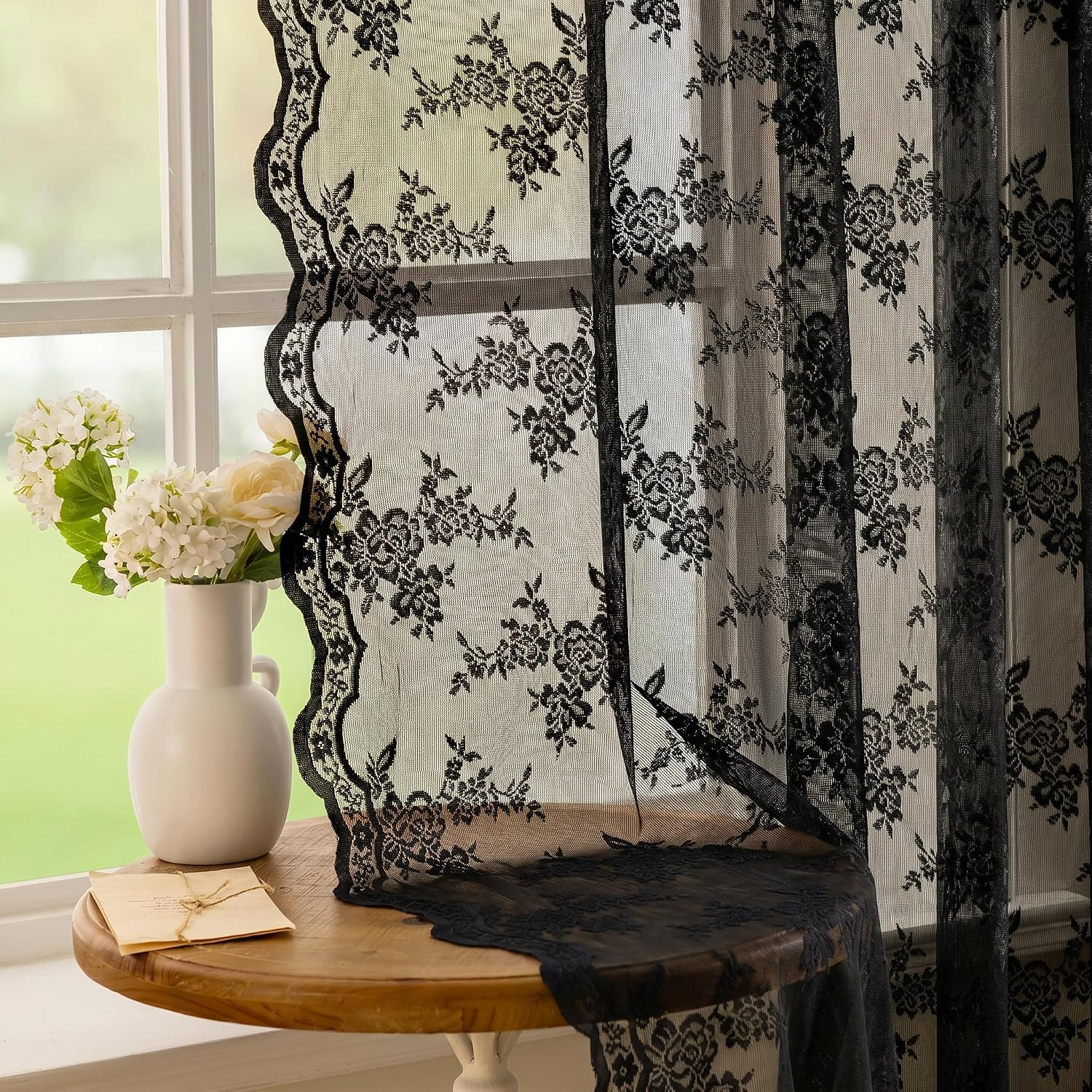 Black Lace Curtains 63 Inch Length 2 Panels Set, Victorian Vintage Gothic Sheer